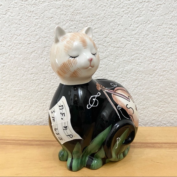 Vintage Ceramic Glazed Cat Piggy Coin Bank Musical Themed Design Violin Music - Picture 4 of 15